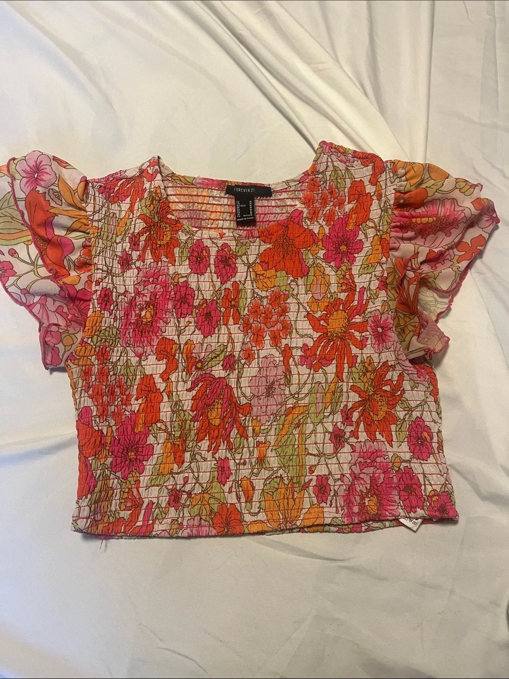 Forever 21 Pink & Orange Floral Smocked Crop Top with Flutter Sleeves